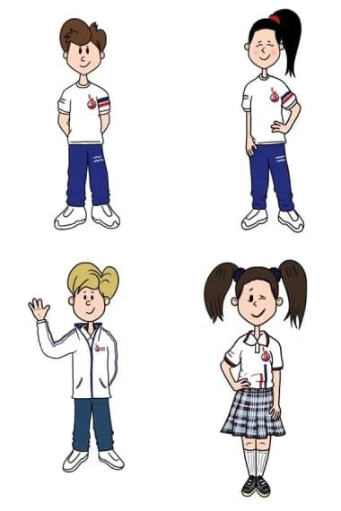 Ilustración de los uniformes del Colegio Anglo Español: camiseta polo, sudadera deportiva y falda